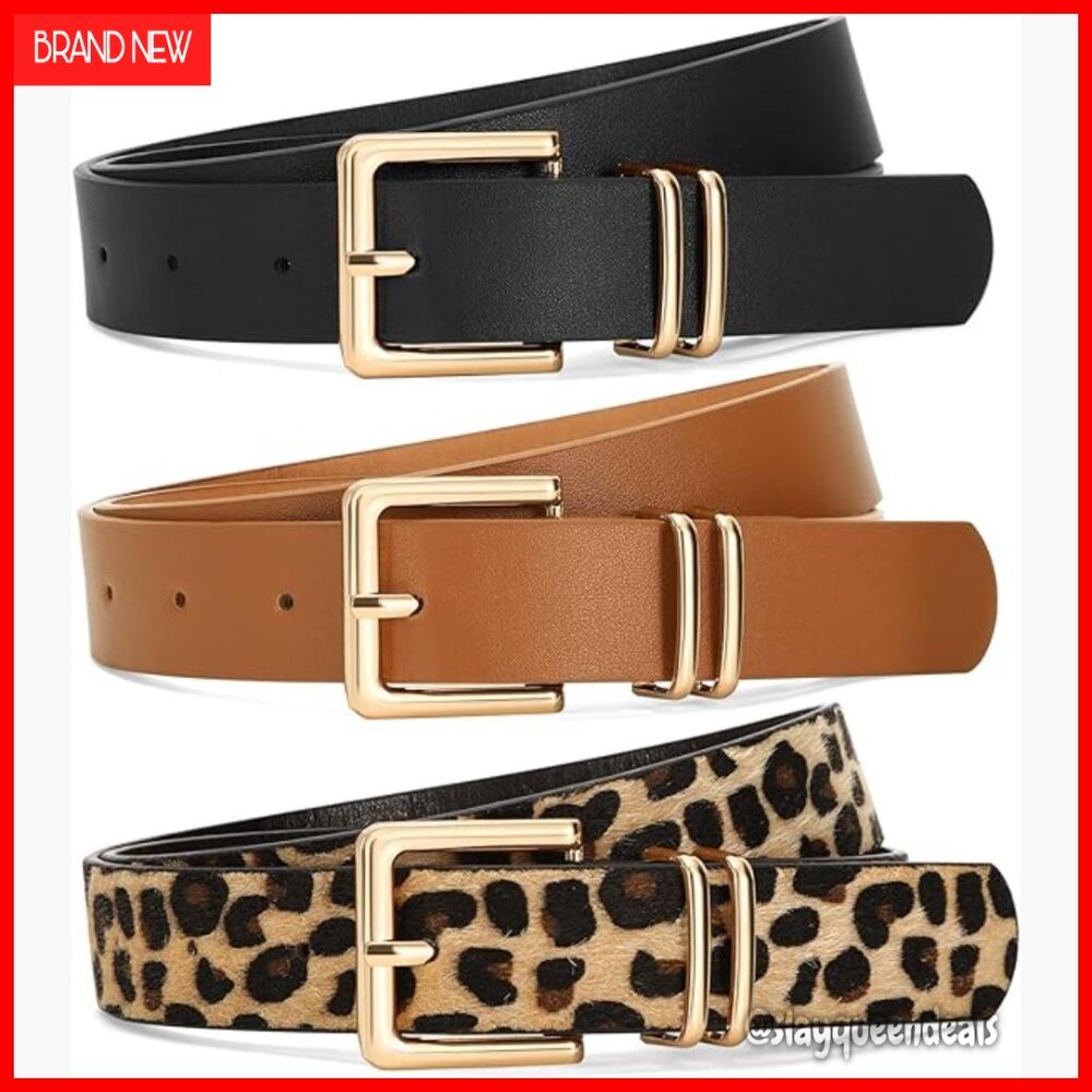 3 Pack Women's Faux Leather Belts Gold Square Buckle 1.1 Inch Wide Sizes 25-57 - Picture 1 of 7